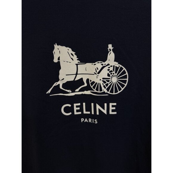 Celine Paris Navy Blue T-Shirt With White Horse & Carriage Graphic Logo Short Sl - Picture 9 of 11